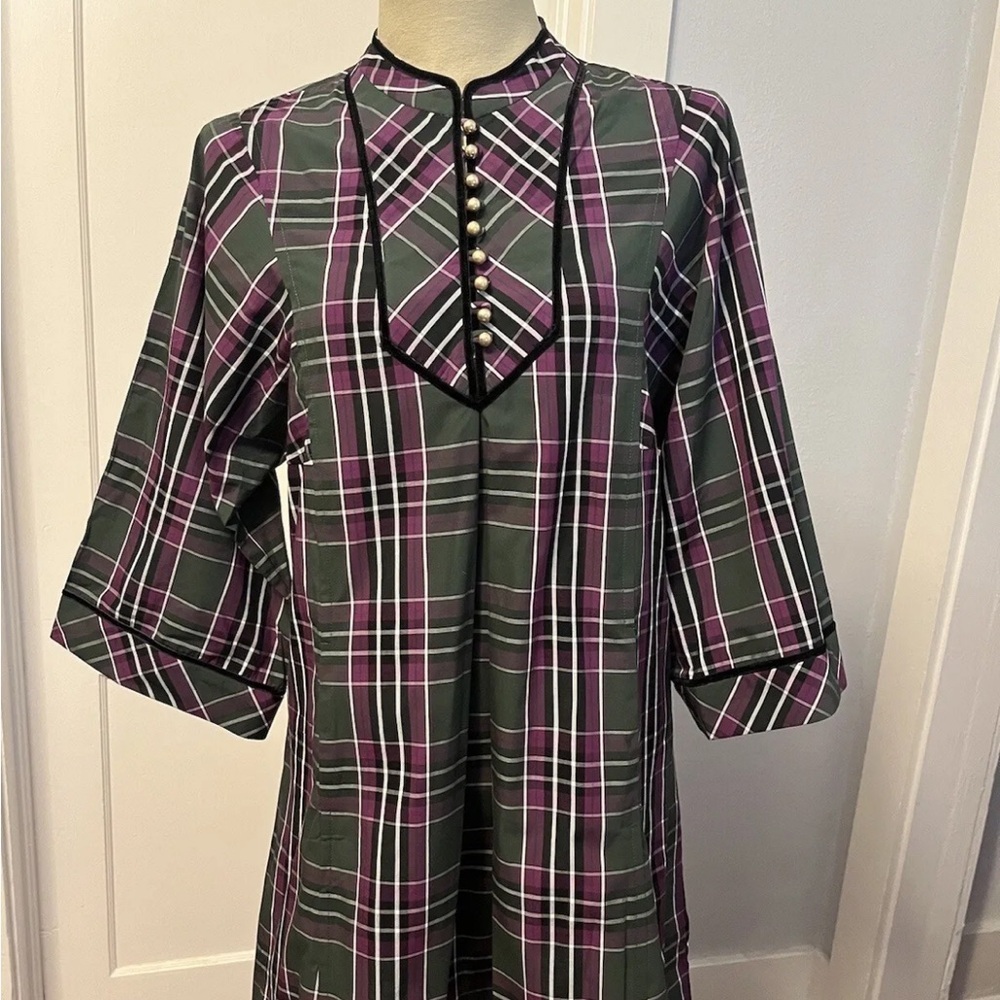 Tuckernuck Aubergine Tartan Indre Dress Womens Purple Tunic Velvet Trim Sz XS - Picture 2 of 13